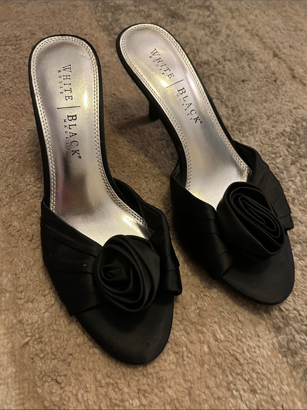 White House Black Market Black Satin Slide Heels with Rosette Accent